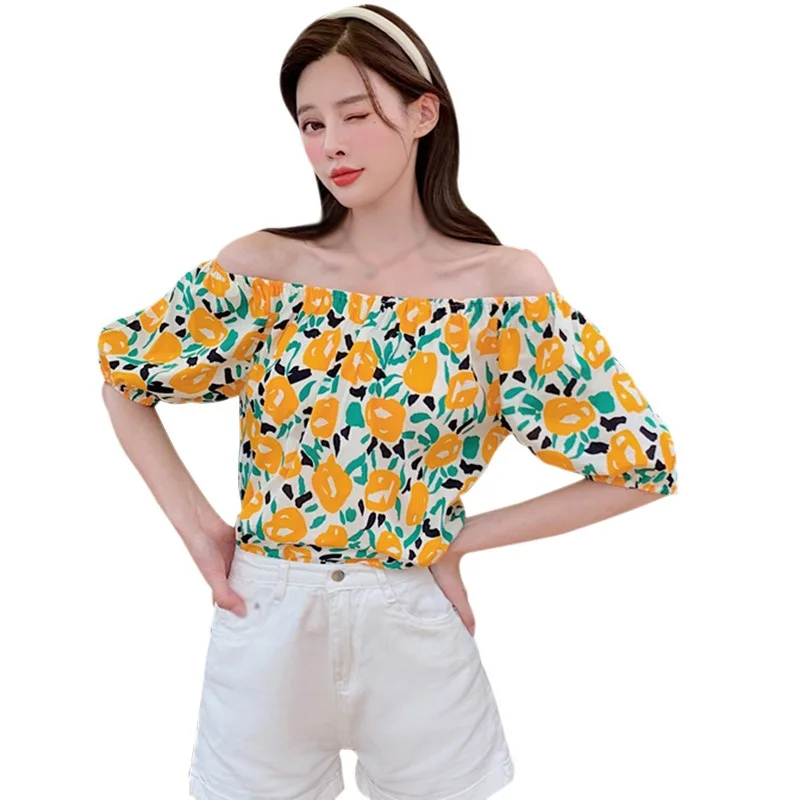 

В Корейском стиле с цветочным принтом, с воротником-лодочкой блузки праздник корейский стиль сладкий Повседневное шифоновая футболка с кор...