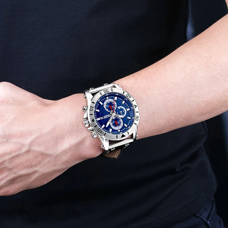 Часы мужские кварцевые с хронографом водонепроницаемые кожаным ремешком 2020 |