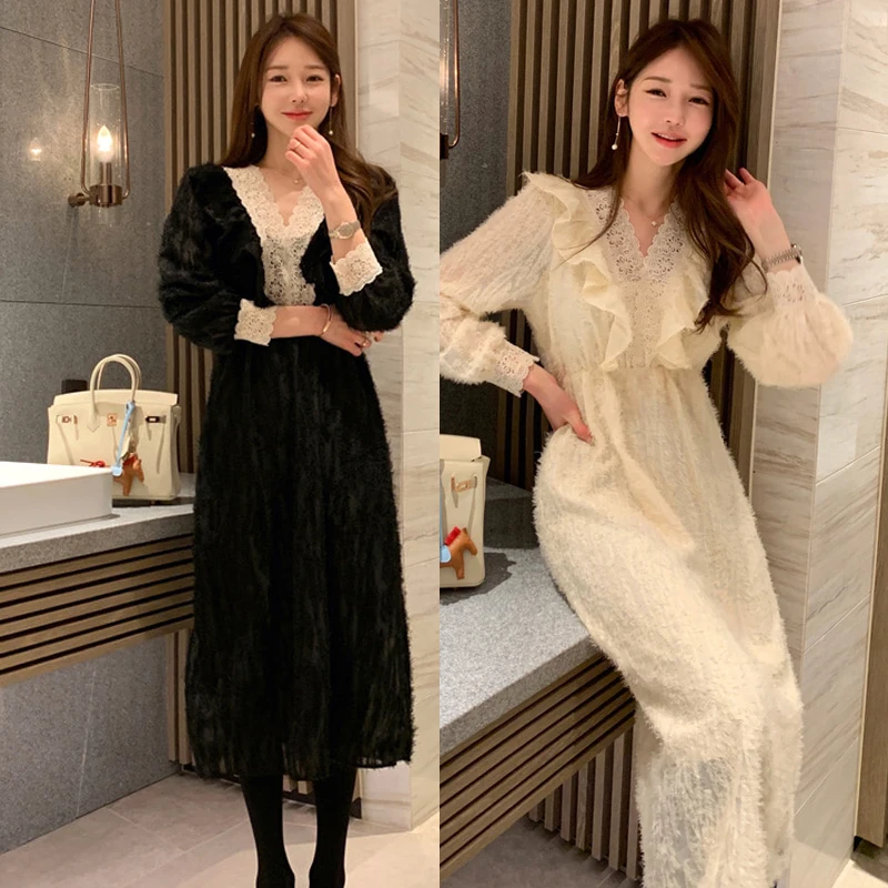 

TIOWIOS 2021 New Woman Spring Style Korean Temperament V-neck Stitching Lace Dress Elastic Waist