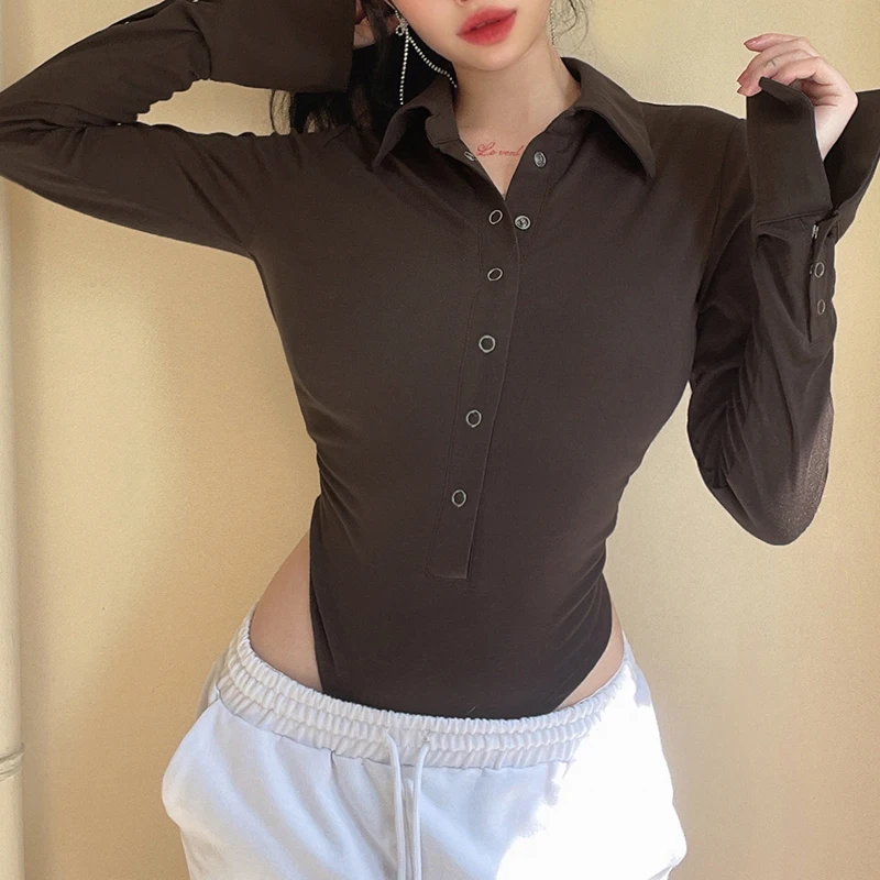 

Women Bodysuit, Lady Solid Color Lapel Button Closure Long Sleeve Loose Cuffs Casual Jumpsuit