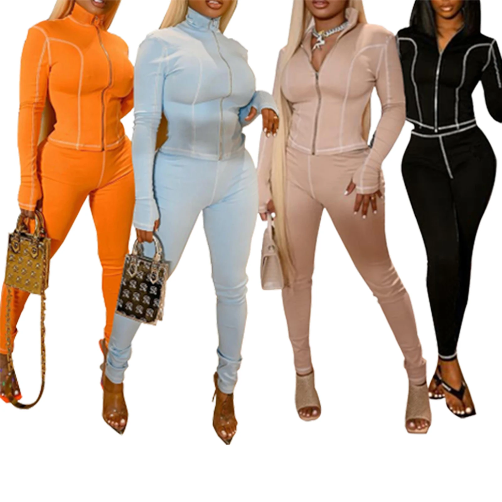 

2 Pcs Women Casual Outfits, Adults Color Block Long Sleeve High Collar Cardigan + Pencil Pants