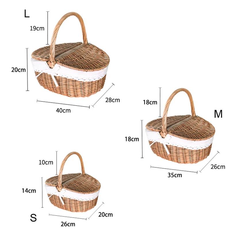

Picnic Basket Hand Made Wicker Lunch Bags Fashion Camping Shopping Storage Hamper with Lid Women Food Woven Fruit Storage Basket