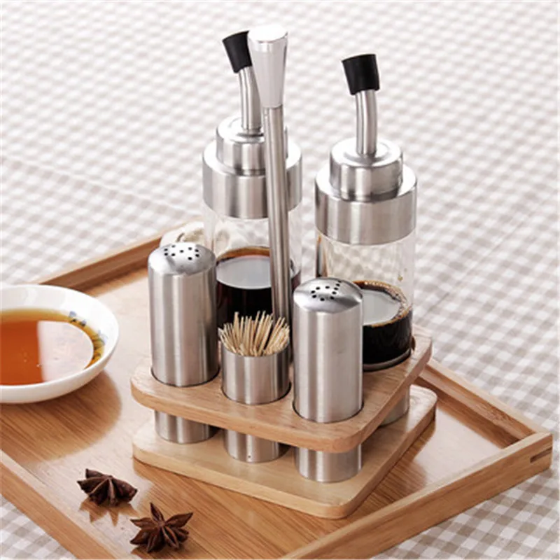 

5Pcs Seasoning Bottle Set with Wooden Rack Pepper Bottle Holder Kitchen Tools for Oil Salt shaker Soy Sauce Storage