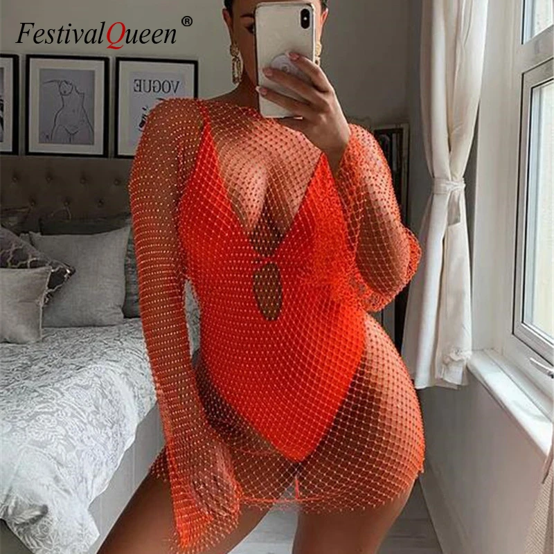 Женское Прозрачное мини платье с длинным рукавом блестящие стразы сетчатые