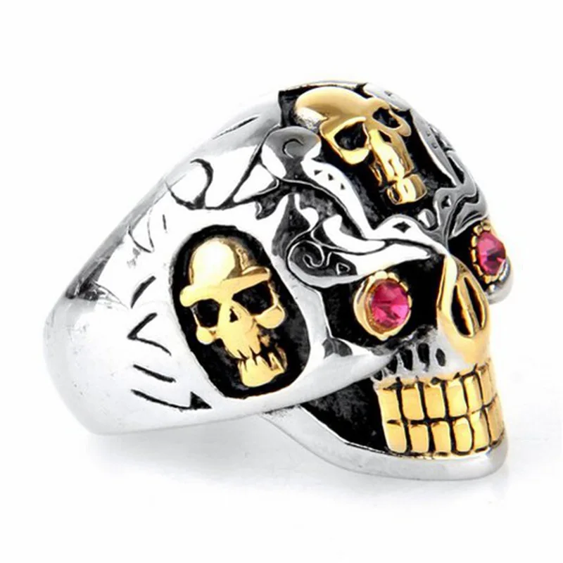 

Megin D Vintage Personality Thick Between Gold Ruby Skull Titanium Steel Rings for Men Women Couple Friend Fashion Gift Jewelry