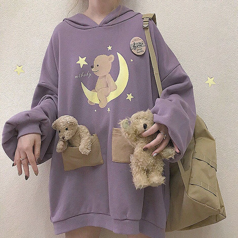 

2021 Harajuku Lolita Bear Baby Graphic Sweatshirt Women Kawaii Clothes Spring Loose Thick Hoodies Long Tops Schoolgirl Lovely