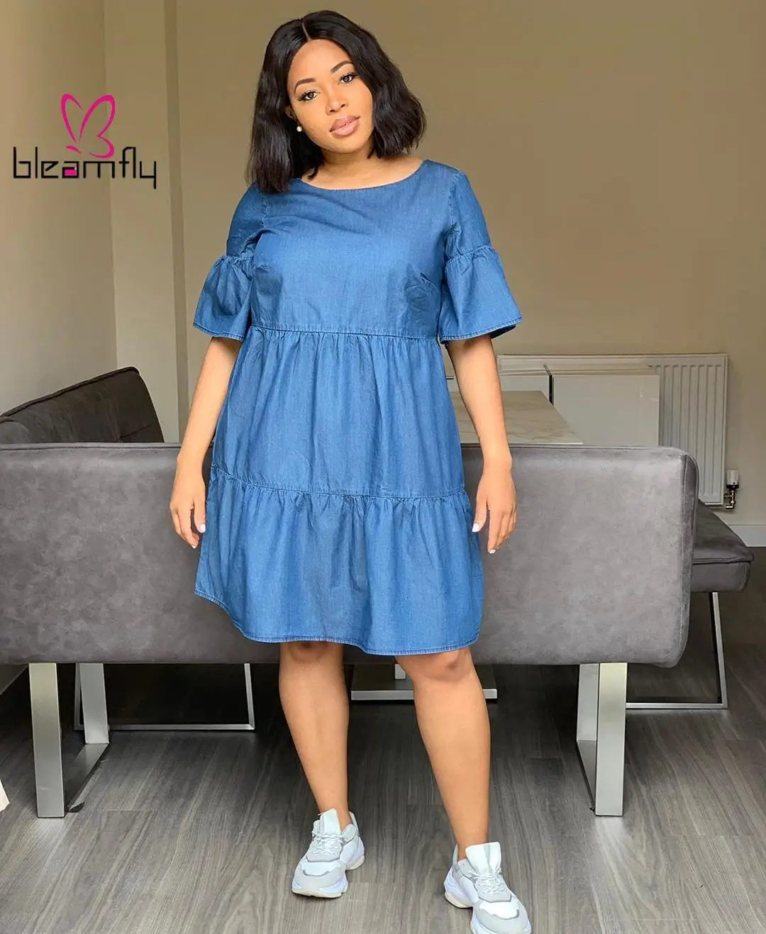 Летнее женское свободное джинсовое облегающее мини платье с коротким рукавом