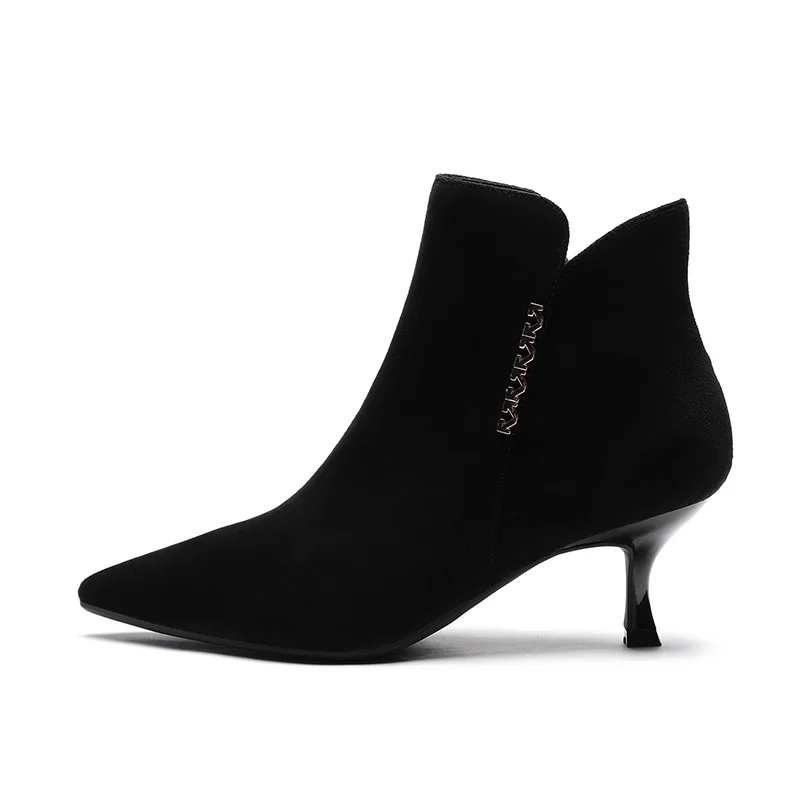 black 2 Женские ботинки г. Зимние однотонные черные короткие резиновые ботильоны на молнии теплые зимние ботинки из флока на тонком высоком каблуке с острым носком - Цвет: black 2