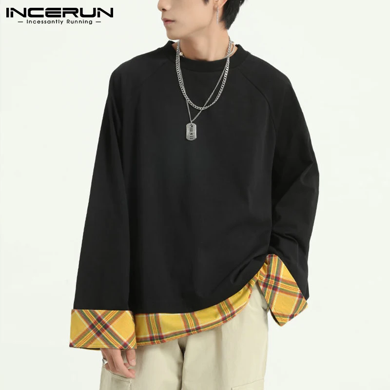 

Korean Style Fashionable New Men's Casual Streetwear Pullover Loose Stitching Plaid Stylish Long-sleeved S-5XL Tops 2021 INCERUN