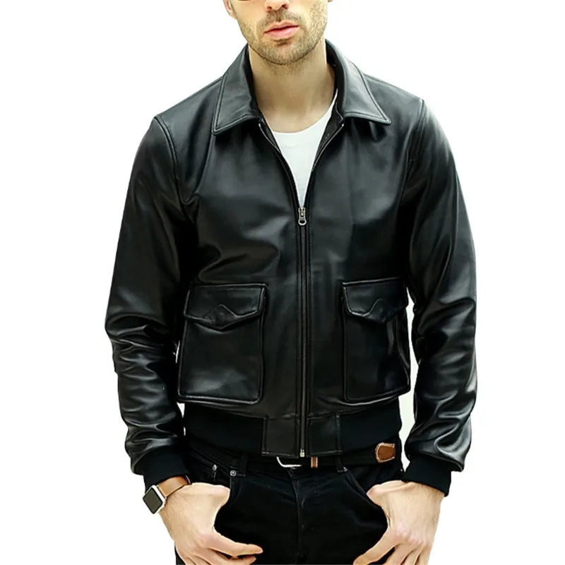 Куртка пилот мужская из натуральной овечьей шкуры мотоциклетный черный тонкий