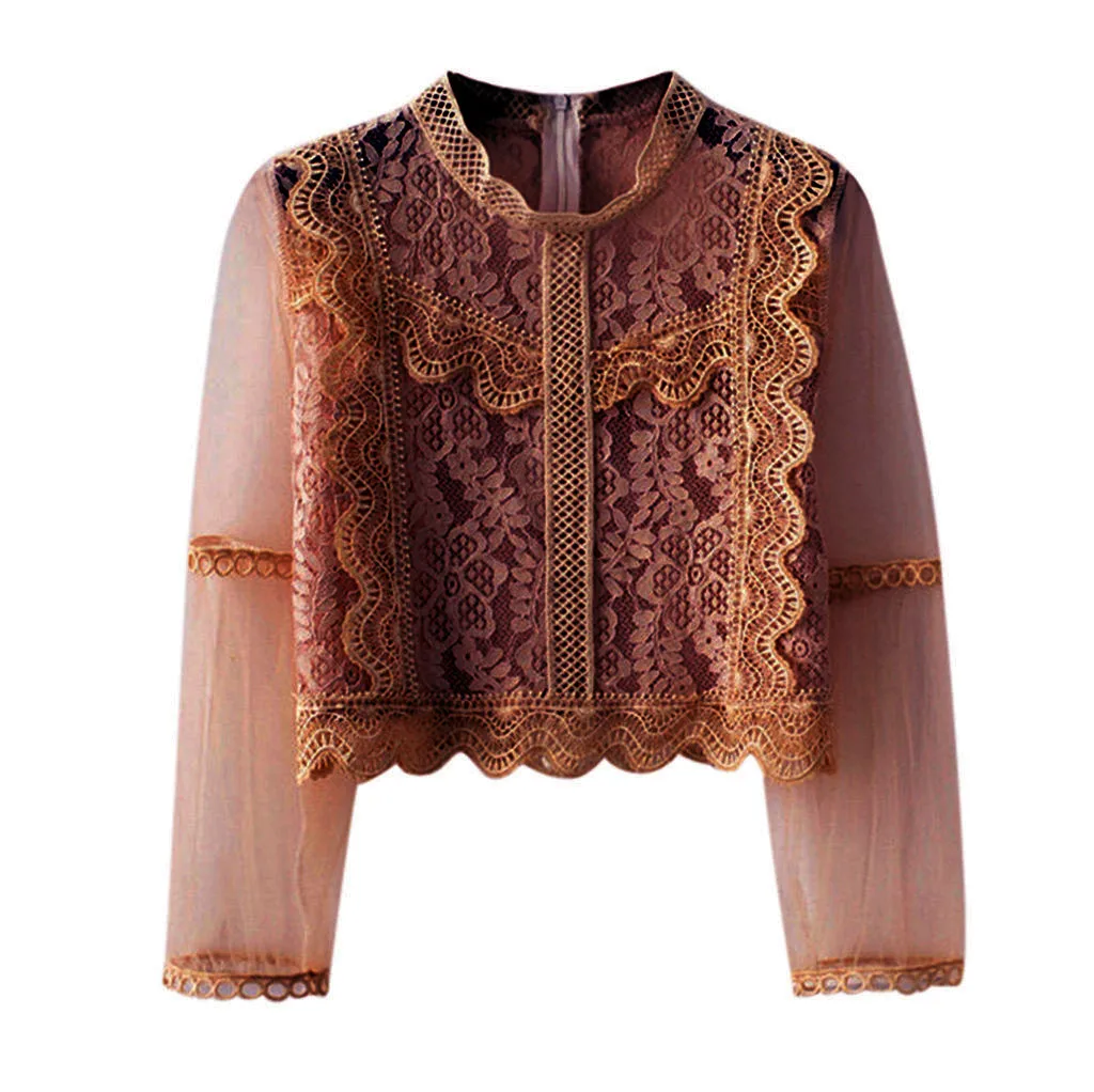Женская кружевная прозрачная блузка летняя пикантная короткая с длинными