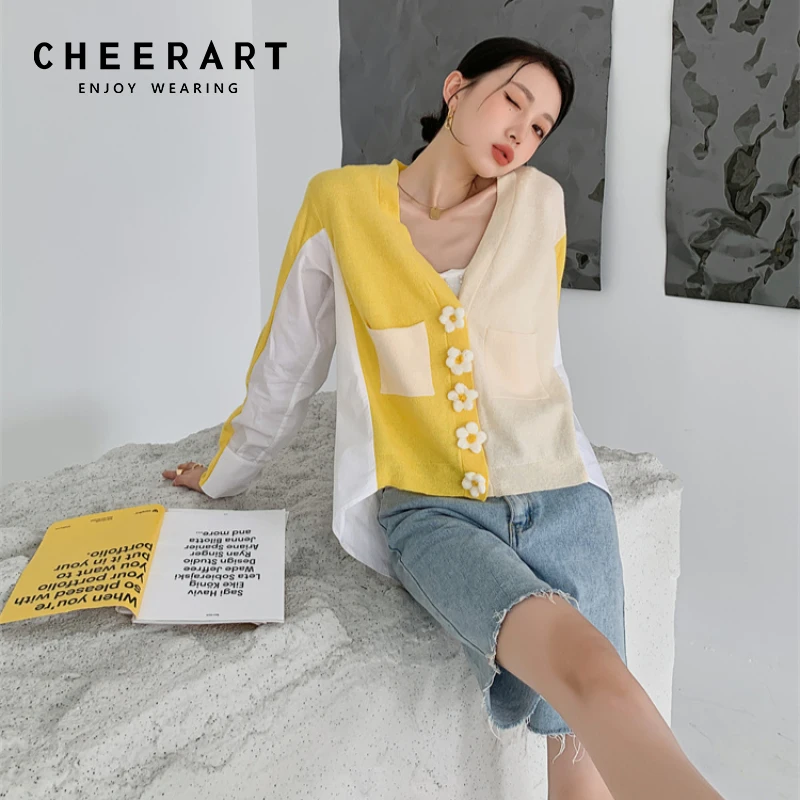 

CHEERART Yellow Patchwork Button Up Cardigan Women V Neck Knitted Sweater Spring Fall 2021 Womens Fashion Korean Cardigan