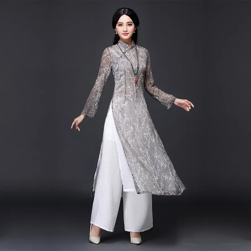 Женское китайское платье-Чонсам aodai традиционное элегантное хлопковое льняное