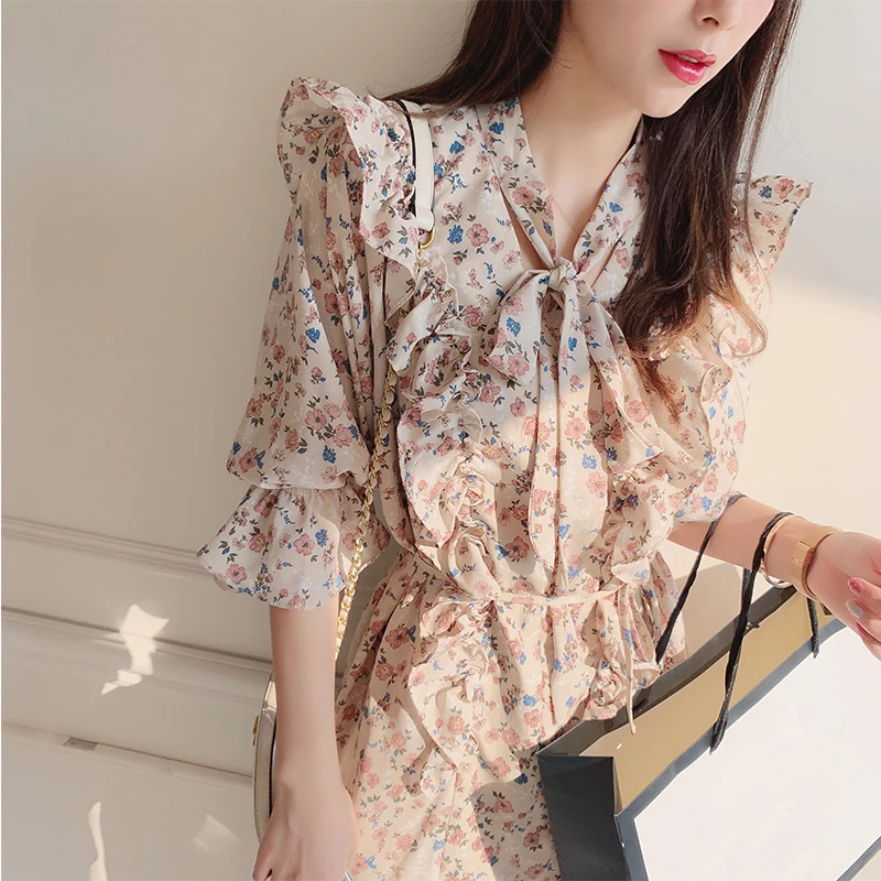 Платье Mishow шифоновое платье до середины икры с длинным рукавом и цветочным