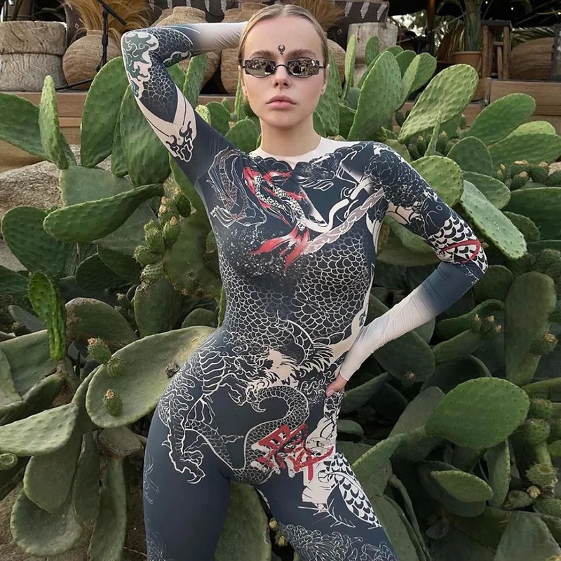 

Shestyle Autumn Jumpsuits Women Dragon Printed Vintage Bodycon Fashion Back Zipper Chinese Style Workout Streetwear 2021