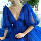 Новое ТРАПЕЦИЕВИДНОЕ Королевское голубое платье в горошек длиной до колена для выпускного вечера элегантное Пышное вечернее платье с рукавами вечернее платье размера плюс с v-образным вырезом