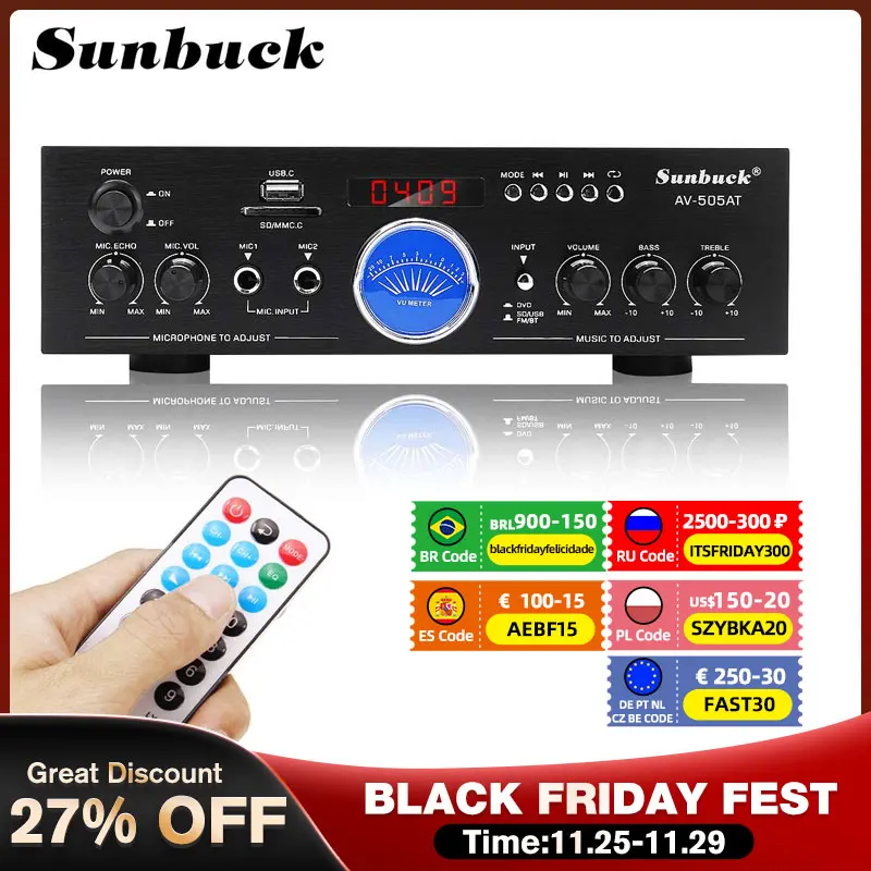 

Усилитель мощности звука SUNBUCK, 2500 Вт, bluetooth, HiFi, для Домашнего Караоке, поддержка FM-радио, AUX вход, USB/SD