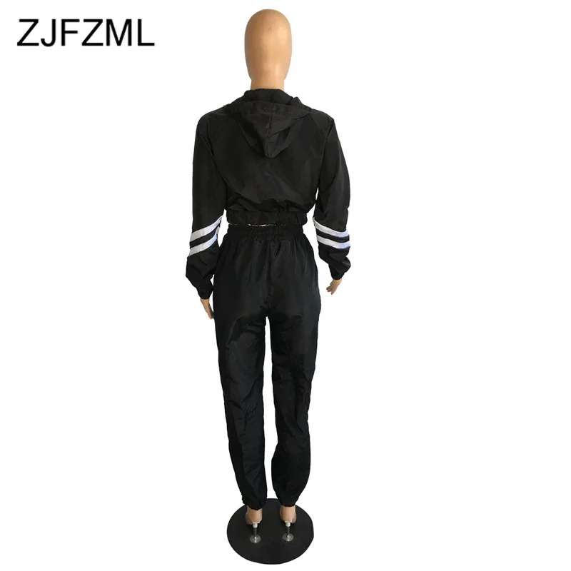 

Stripes Two Piece Winter Set Womens Clothing Hooded Front Zipper Full Sleeve Crop Top + Long Black Pants Causal 2 Pcs Sweatsuit