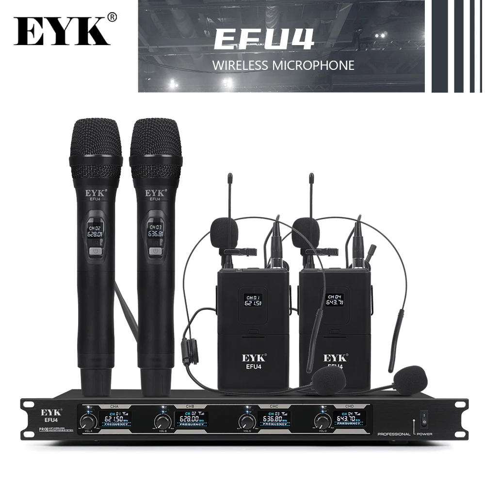 EYK EFU4 4 канала UHF Беспроводной микрофон Системы с 2 поясной и ручной для сцены