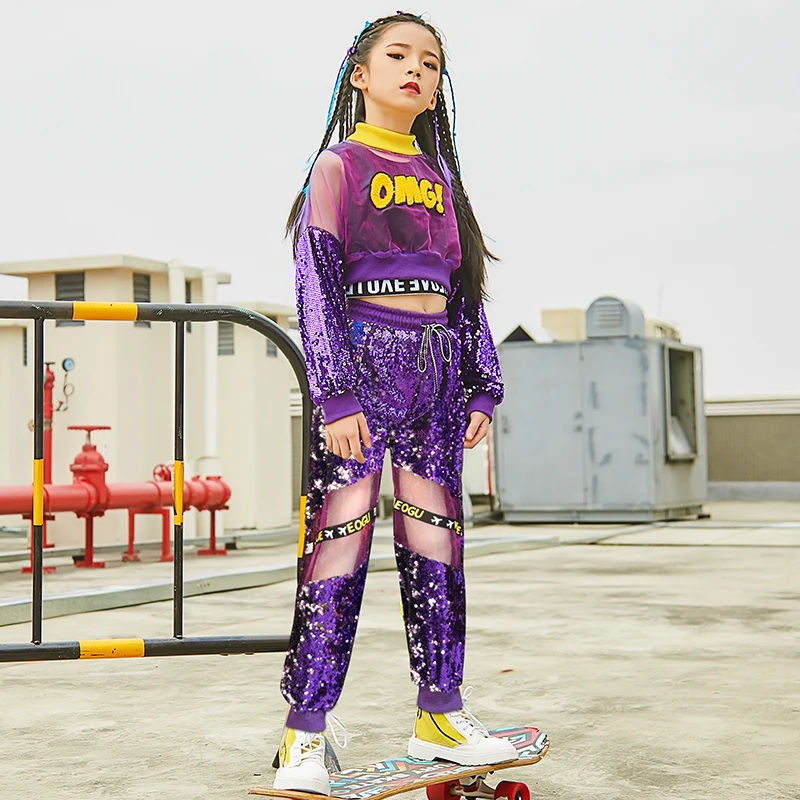 Purple long suit Костюм для джазовых танцев для девочек детский танцевальный костюм с пайетками в стиле хип-хоп Детские платья для танцев, уличных танцев, выступлений на сцене DQL324 - Цвет: Purple long suit