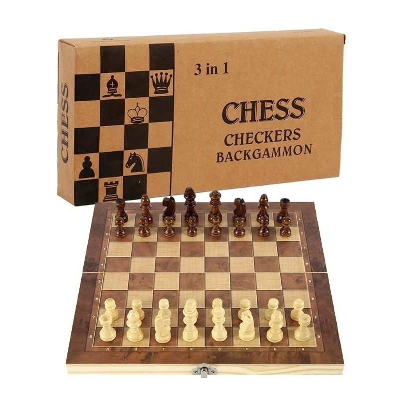 

3 IN 1 Wooden International Chess Set Board games Checkers Puzzle Game Engaged