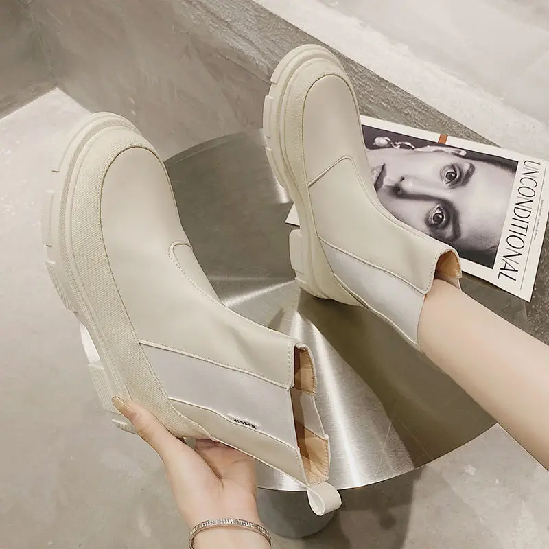 

Ins Leather Women's Ankle Boots Fashion Thick-soled Warm Fur High-heeled Winter Shoes Women Casual Shoes Size 35-40