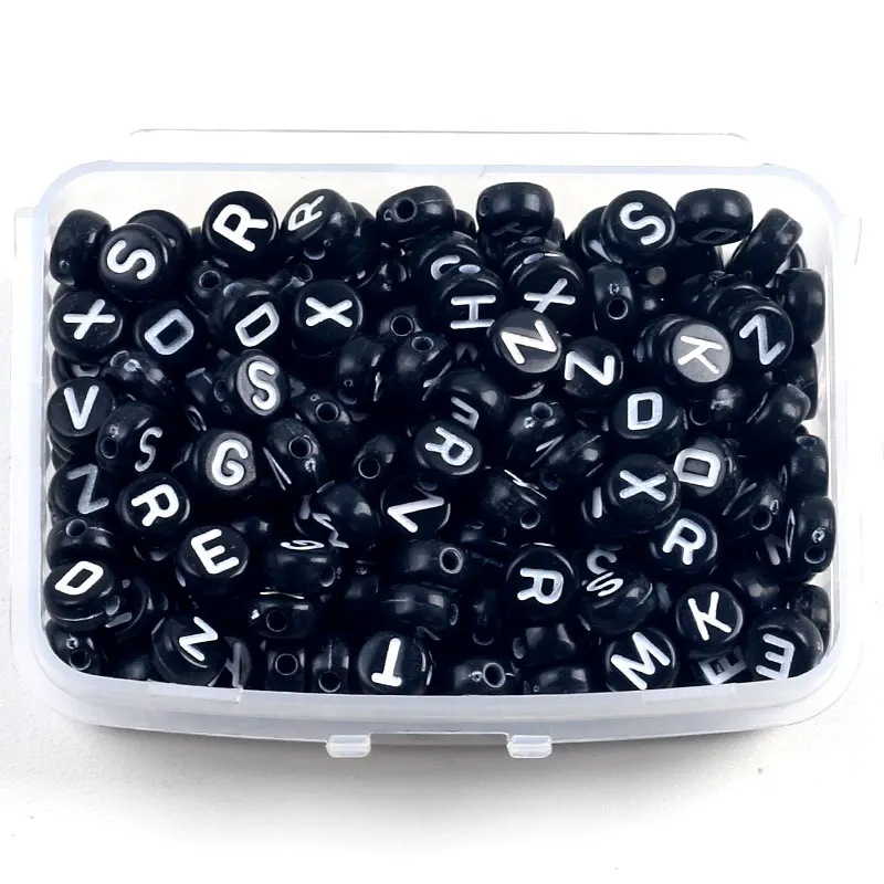 

200pcs/Box Acrylic Beads Round 4x7mm Black Letters Bead Loose Spacer Beads for Jewelry Making Handmade Diy Bracelet Necklace
