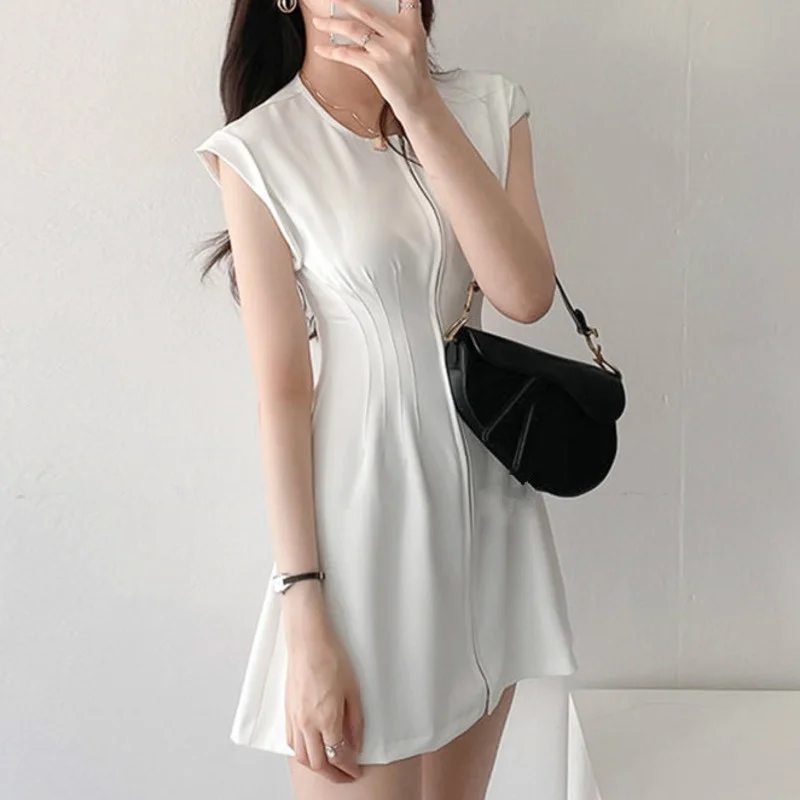 

SHENGPALAE Korea Chic Dress Women's Summer 2021 New Prund Neck Zipper Loose Black Sleeveless Above Knee Dresses Female 16E1106