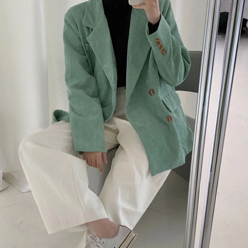 

HStar Chic Corduroy Women Blazer Loose Double-breasted Suit Jacket Women Suit Coat Female Outwear blaser femininas