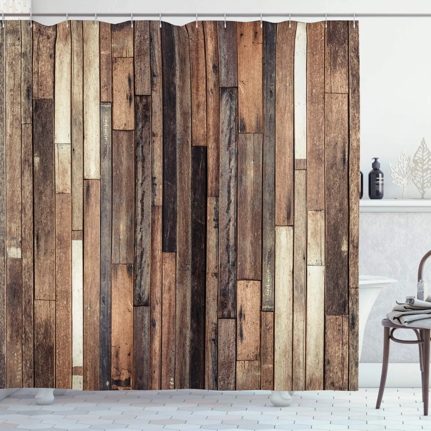 

Brown Wooden Board Shower Curtain Retro Old Hardwood Floor Plank Natural Rural Vintage Print Cloth Bathroom Decor Set with Hooks