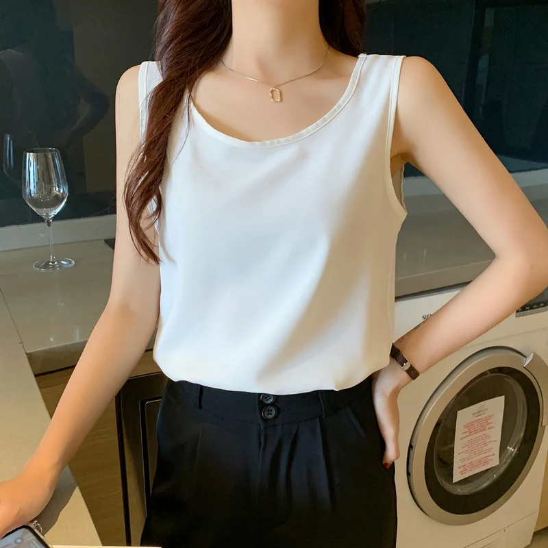 

Summer New Chiffon Blouse for Women O-neck Blue White Blouse Elegant Sexy Loose Sleeveless Solid Tops Women Clothing Blusa 16161