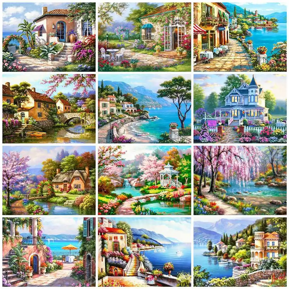 

5D Diamond Painting House Diamond Embroidery Full Round Rhinestones Mosaic Landscape Home Decoration