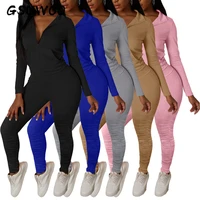 gsuwoo womens slim fit sports suit jacket stacked pleated pants tracksuit casual long sleeve kangaroo pockets two piece sets