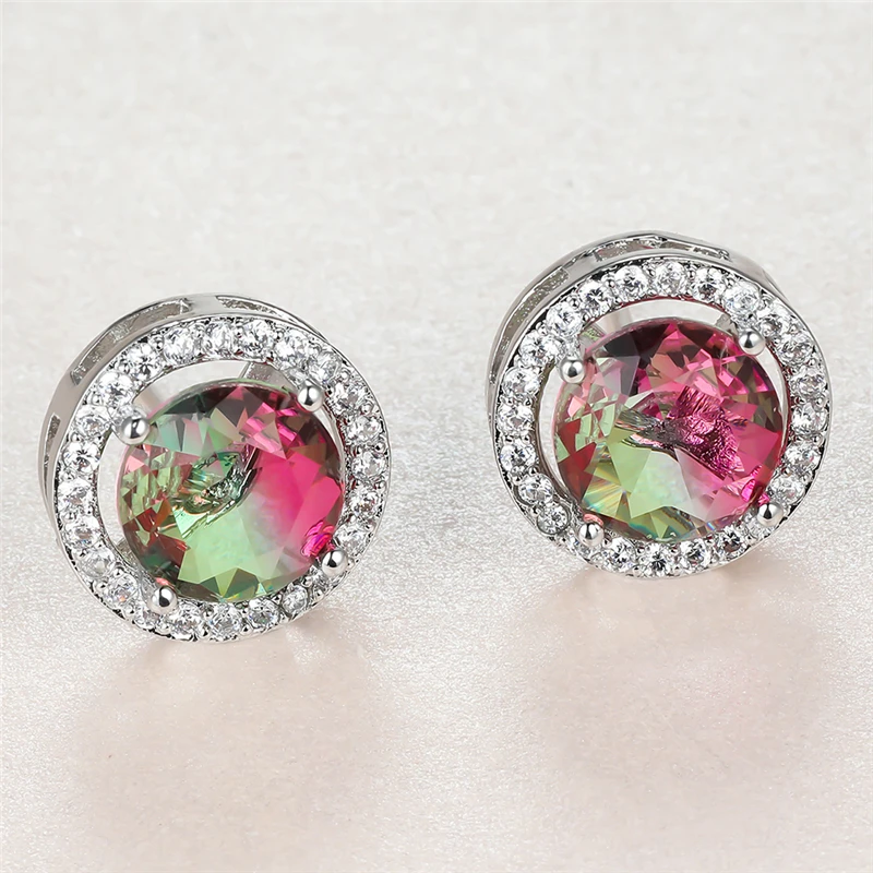 

Luxury Female Red Green Crystal Earrings Charm Silver Color Stud Earrings Cute Bride Round Zirconia Wedding Earrings For Women