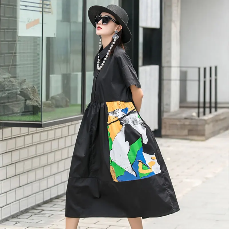 

XITAO Folds Single Breasted Print Dress 2021 Summer New Personality Fashion Loose Urn-down Collar Short Sleeve Dress WMD1615