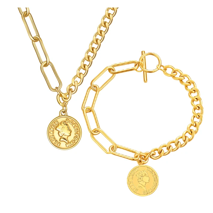 316L нержавеющая сталь круглая монета от пряжки Елизаветы браслет ожерелье набор