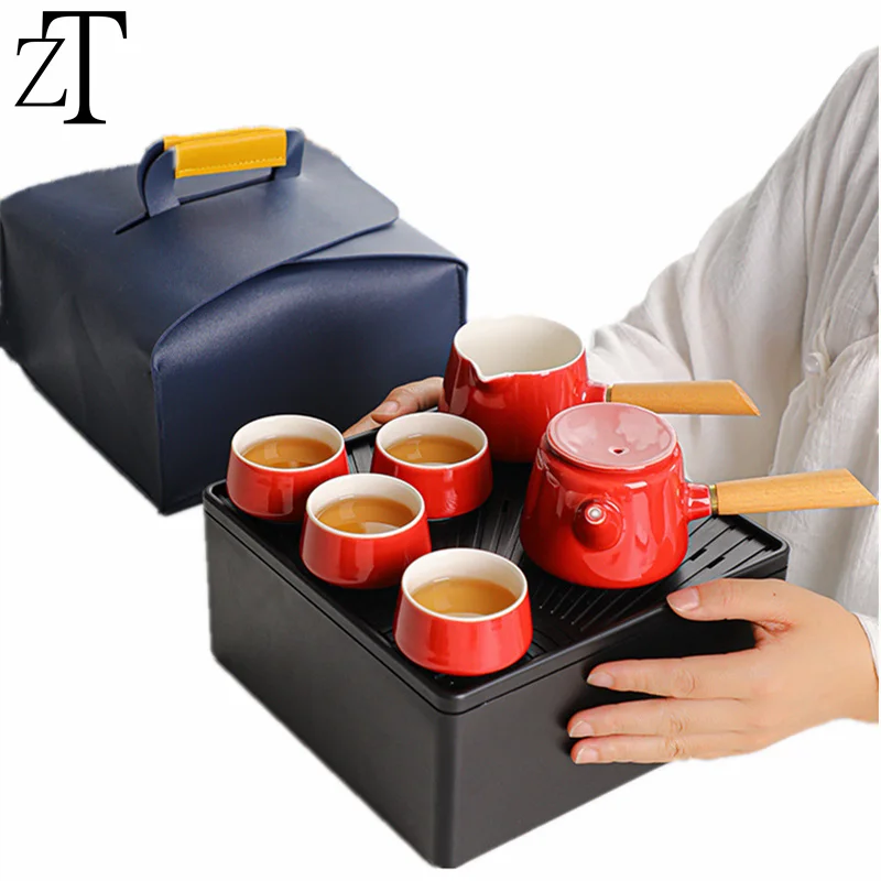 8 шт. портативный дорожный чайный набор Gaiwan, автомобильная уличная чайная чашка, чайный горшок с деревянной ручкой, поднос для воды, чайный п...