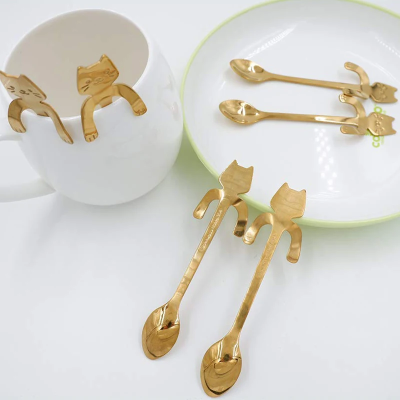 6 Pcs Mini Cat Coffee Spoon Stainless Steel Hanging Cup Teaspoons Demitasse Kitten Design Stirring Cute Utensil For T | Дом и сад