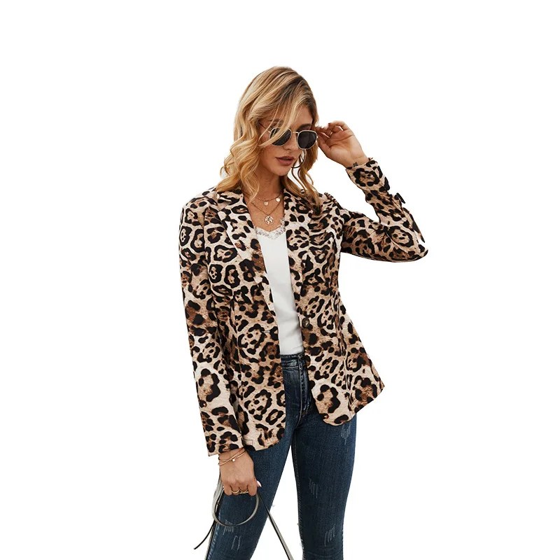 

Spring and Autumn Women Leopard Fashion One Button Fit Mid Length Blazer