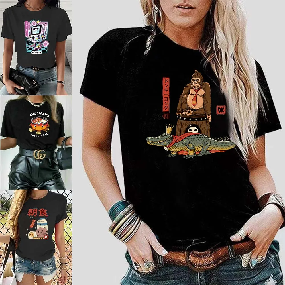 

T-shirt Unisex Black Breathable Short-sleeved O-neck Japanese Commuter Funny Print Series Harajuku Style Female Plus Size Blouse