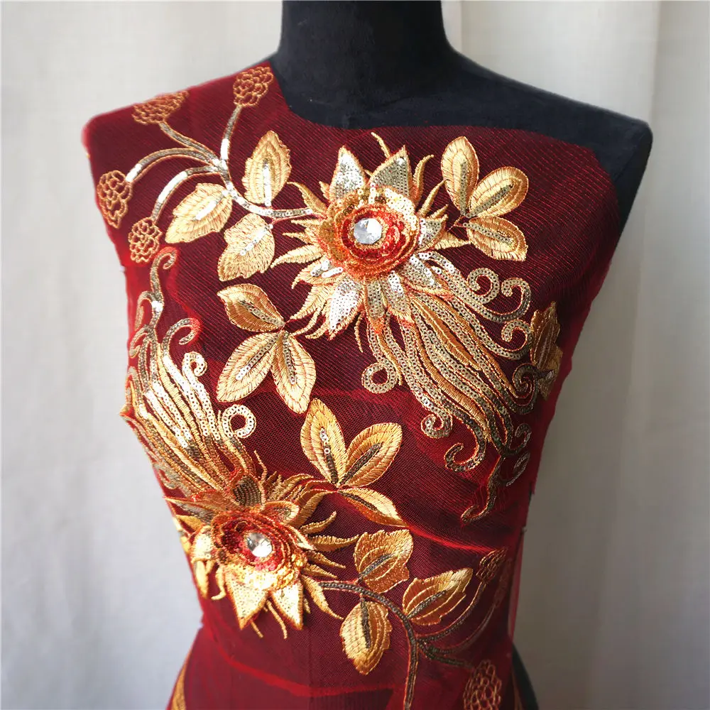 1 комплект золотой цветок птицы кружевная ткань блесток красная сетка вышитое