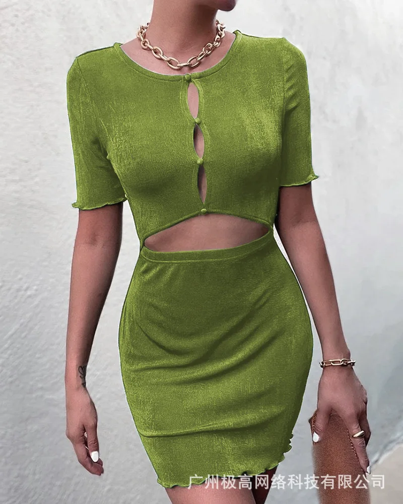 

Women's 2021 New Summer Green Short Sleeve Sexy Dress Ladies Fashion Slim Round Neck Hollow Mini Dress