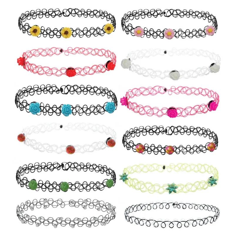 

12 pieces Fashion Velvet Choker Necklace for Women Vintage Sexy Colourful Lace with Flower Girl Neck Jewelry Accessories
