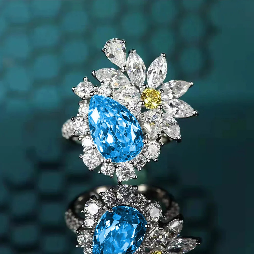 

Delicate Flower Adjustable Ring Inlay Blue Water Drop Zircon Charm Fireworks Earrings For Women Wedding Engagement Jewelry Set