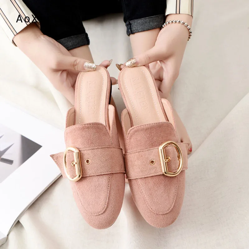 

Women Spring New Suede Sandals Women Fashion Leisure Half Slides Ladies’s Outdoor Metal Buckle Mules Shoes Women's Home Slippers