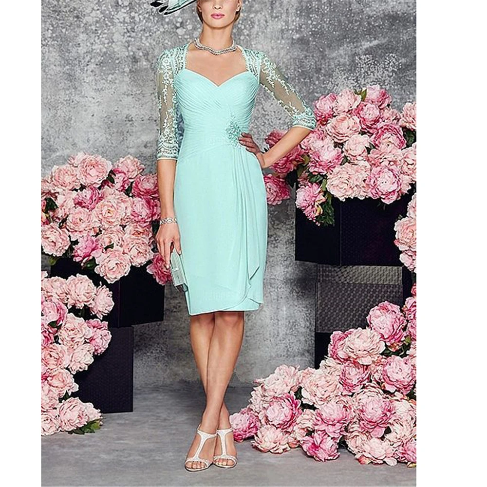 

Two Pieces Zipper Mother of Bride Dress with Long Sleeves Jacket Simple Chiffon Short Dresses Knee-Length Mother Groom