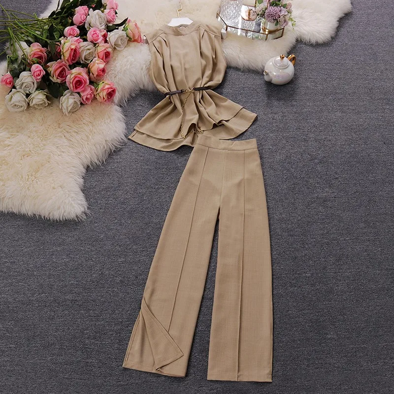 

Summer Elegant Office Lady O-neck Irregular Belted Tank Top and High Waist Slit Wide Leg Trousers One Set