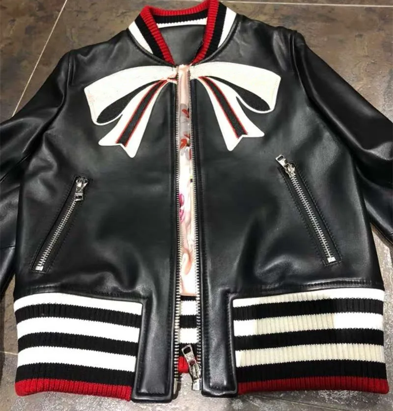 New Designer women's sheepskin leather jackets embroidery bowtie Genuine leather coats D616