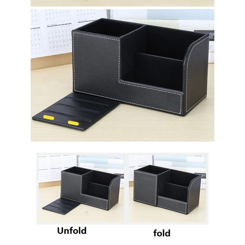 

PU Leather Multi-Function Desk Organizer Pen Pencil Holder Business Name Cards Remote Control Holder Storage Box, Black