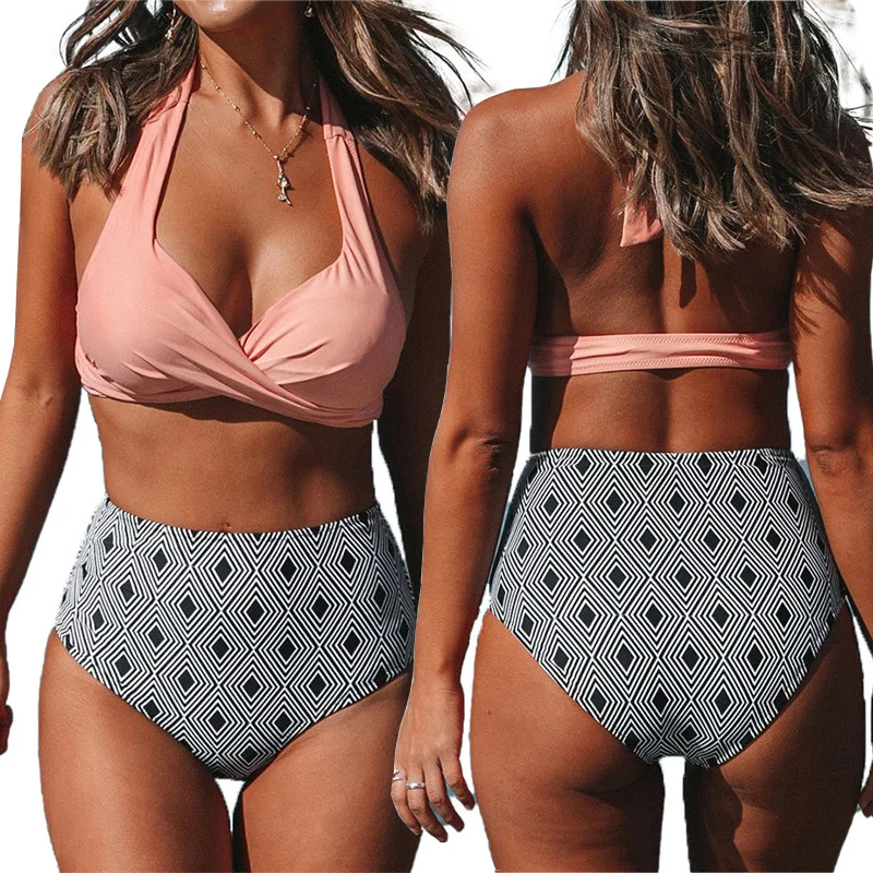 

Retro Pink Padded Bra High Waist Bikini Sets Women Fashion Push Up Bikini Bottom Swimwear Female Beach Swimwear Swimming Suit
